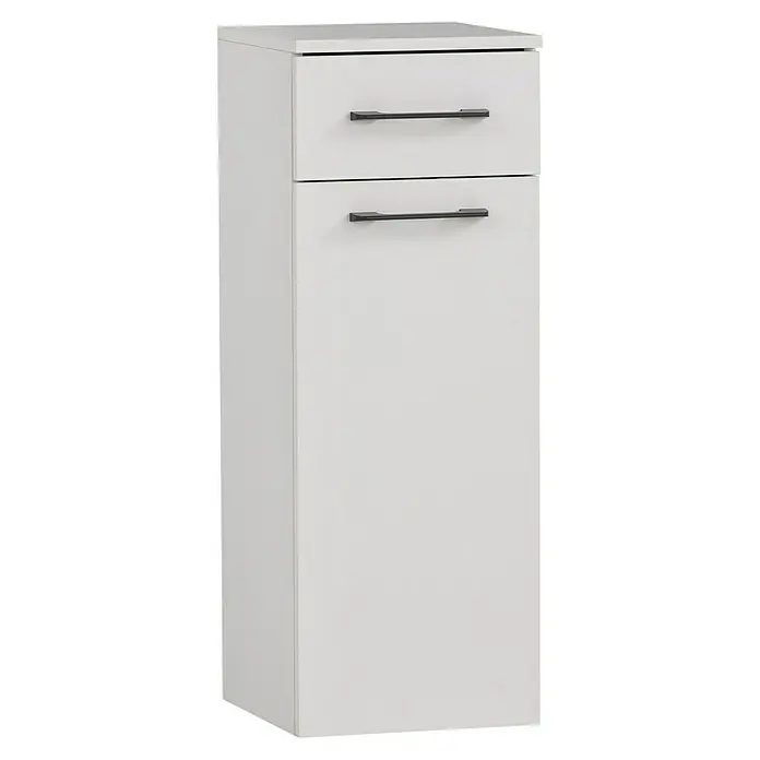 Schildmeyer Maxim Highboard - B x T x H: 32,7 x 35,3 x 88,4 cm, Weiß, Matt - Weißer Hochschrank mit einer kleinen oberen Schublade und einer großen unteren Schublade, beide mit schwarzen Griffen.