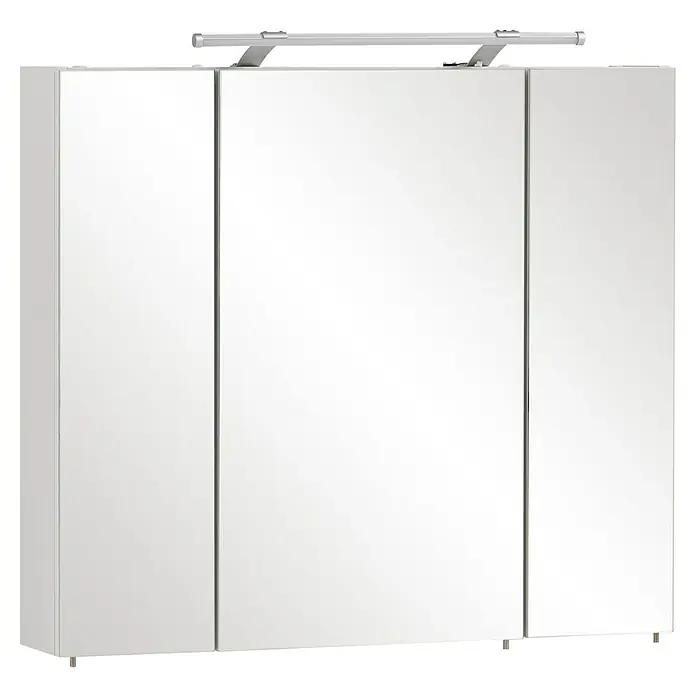 Schildmeyer Dorina LED-Spiegelschrank - B x H: 80 x 75 cm, Holz, Weiß Glänzend - Weißer dreitüriger Badspiegelschrank mit integrierter LED-Beleuchtung und Metallfüßen.