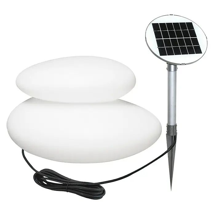 8 Seasons Design Shining LED-Solar-Dekoleuchte Stone - Weiß, L x B x H: 29 x 39 x 22 cm - Bild einer Solar-Gartenleuchte in Form von zwei übereinander gestapelten, weißen Steinen, verbunden mit einem Solarpanel.
