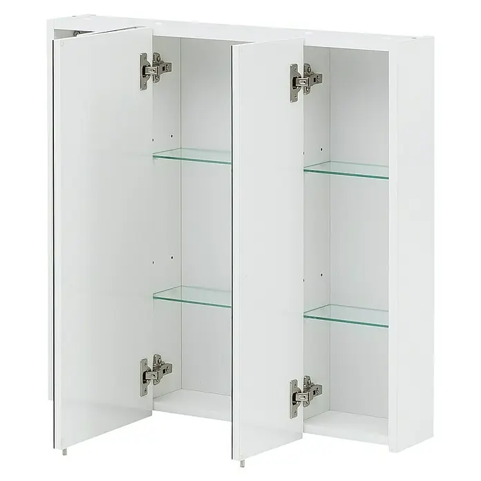 Schildmeyer Spiegelschrank Basic - B x H: 70 x 70,7 cm, Holz - Weißer Wandschrank mit zwei offenen Türen, Metallscharnieren und mehreren Glasböden.