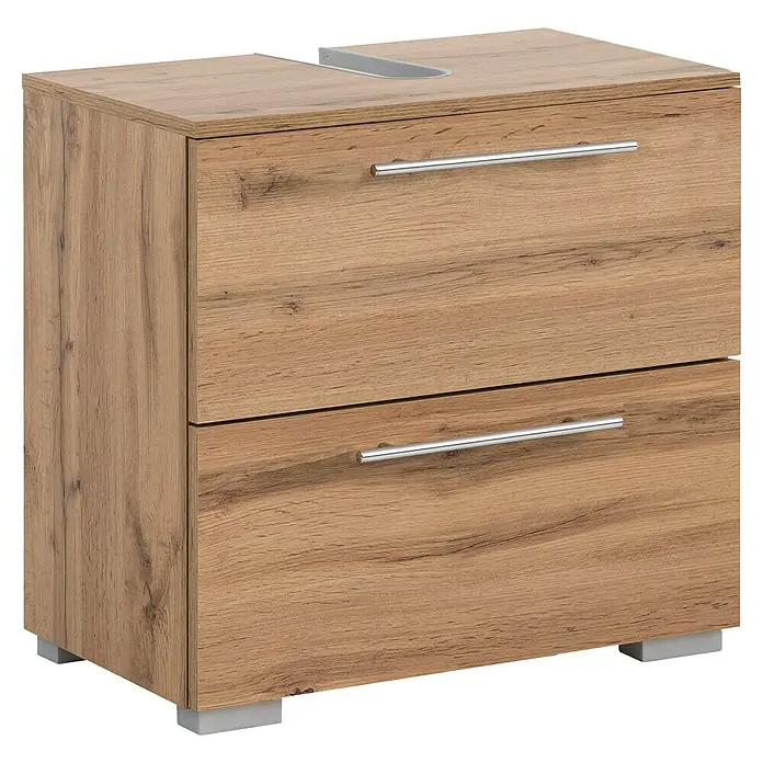 Schildmeyer Carlos Waschtischunterschrank - B x T x H: 60,2 x 35 x 59,1 cm, Eiche Landhaus, Matt - Hellbrauner Waschtischunterschrank in Holzoptik mit zwei Schubladen, silbernen Griffen und Ausschnitt für ein Waschbecken, auf silbernen Füßen.