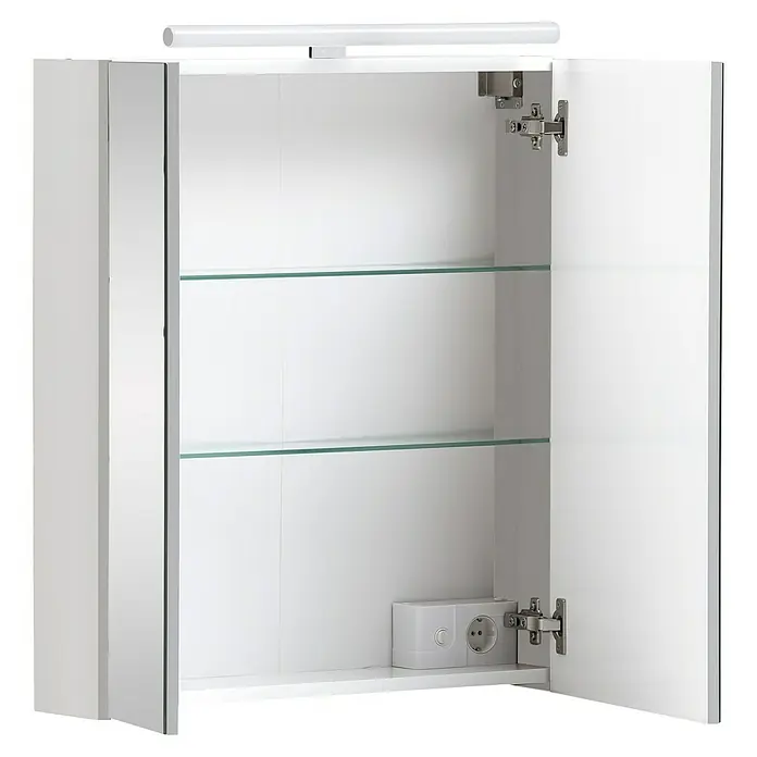 Schildmeyer LED-Spiegelschrank Karla/Maxim - B x H: 60 x 74,7 cm, Holz, Weiß Matt - Weißer Badspiegelschrank mit offenen Türen, zwei Glasablagen, integrierter Beleuchtung und Steckdose.