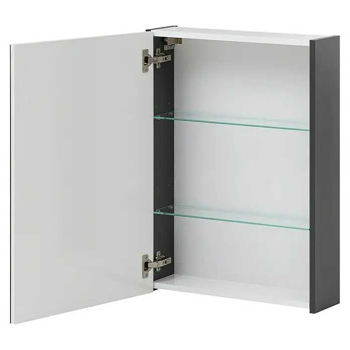 Schildmeyer LED-Spiegelschrank Carlos/Flag - B x H: 43,5 x 64 cm, Holz, Anthrazit - Offener weißer Badezimmer-Wandschrank mit dunkelgrauem Rahmen und zwei klaren Glasablagen.