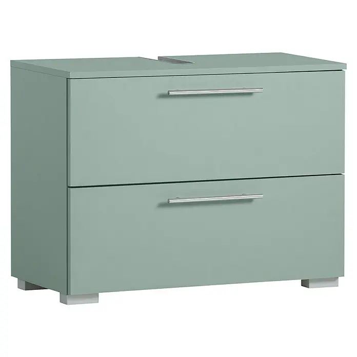 Schildmeyer Carlos Waschtischunterschrank - B x T x H: 80,2 x 35 x 59,1 cm, Pistazie, Matt - Salbeigrüner Kommode mit zwei Schubladen, silbernen Stangengriffen und Füßen.