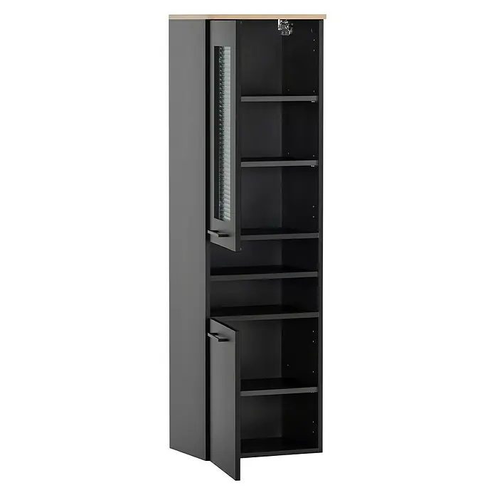 Schildmeyer Malte Hochschrank - B x T x H: 40,3 x 32 x 138,3 cm, Schwarz/Artisan Eiche, Matt - Hoher schwarz/dunkelgrauer Schrank mit heller Holzplatte. Mit offener Glastür, offener Volltür und Innenregalen.