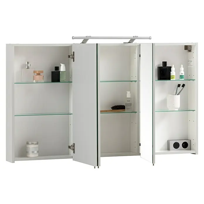 Schildmeyer Dorina LED-Spiegelschrank - B x H: 120 x 75 cm, Holz, Weiß Glänzend - Weißer Badezimmerschrank mit drei Fächern, zwei offenen Türen, Glasablagen mit Pflegeprodukten und integrierter Oberlichtleiste.