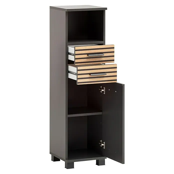 Schildmeyer Katta Highboard - B x T x H: 30,3 x 32,6 x 110,5 cm, Anthrazit/Braun, Matt - Dunkelgrauer Hochschrank mit offenem Fach oben, zwei teils geöffneten gestreiften Schubladen und offenem Unterschrank mit Regal, auf Füßen.