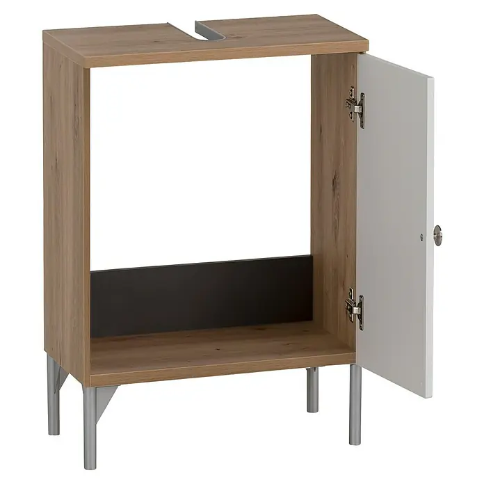 Schildmeyer Jesper Waschtischunterschrank - B x T x H: 40,3 x 32 x 58,5 cm, Artisan Eiche/Weiß, Matt - Badezimmerschrank aus hellem Holz mit weißer Tür, silbernen Beinen und Spülbecken-Ausschnitt.