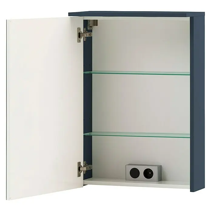 Schildmeyer Jesper LED-Spiegelschrank - B x H: 50,4 x 72,3 cm, Holz, Nachtblau - Offener Wandschrank mit weißer Tür, dunkelblauem Rahmen, zwei Glasböden und integrierter Steckdose.