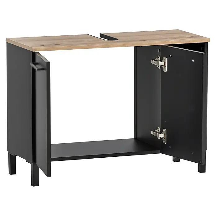 Schildmeyer Malte Waschtischunterschrank - B x T x H: 79,8 x 32 x 58,3 cm, Schwarz/Artisan Eiche, Matt - Dunkelgrauer Schrank mit heller Holzplatte, offenen Türen, unterem Regal und Kabelaussparung.