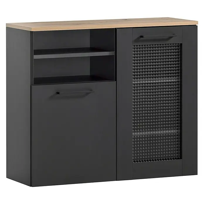 Schildmeyer Malte Highboard - B x T x H: 80,4 x 32 x 70 cm, Schwarz/Artisan Eiche, Matt - Dunkelgraue Kommode mit heller Holzplatte. Sie verfügt über offene Fächer, einen geschlossenen Schrank und einen weiteren Schrank mit Riffelglastür.