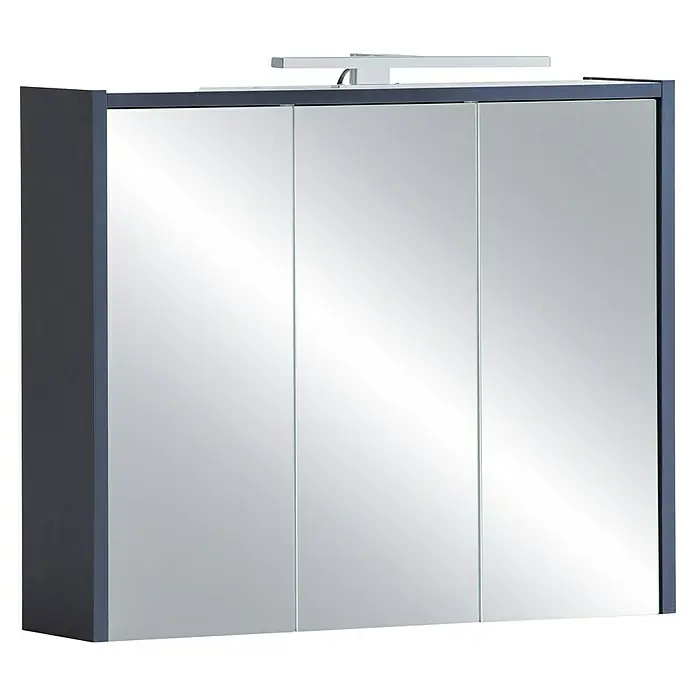 Schildmeyer Lovis LED-Spiegelschrank - B x H: 74,5 x 62,7 cm, Holz, Nachtblau - Dunkelgrauer Badezimmerschrank mit drei Spiegeltüren und integrierter LED-Beleuchtung.