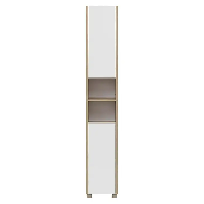 Schildmeyer Juba  Hochschrank - B x T x H: 30,3 x 33,1 x 186,5 cm, Eiche hell/Kreideweiß, Matt - Hoher Schrank aus hellem Holz mit zwei weißen Türen und zwei offenen grauen Regalböden.