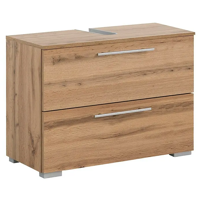 Schildmeyer Carlos Waschtischunterschrank - B x T x H: 80,2 x 35 x 59,1 cm, Eiche Landhaus, Matt - Hellbrauner Waschtischunterschrank aus Holz mit zwei Schubladen, silbernen Stangengriffen und Beckenausschnitt.