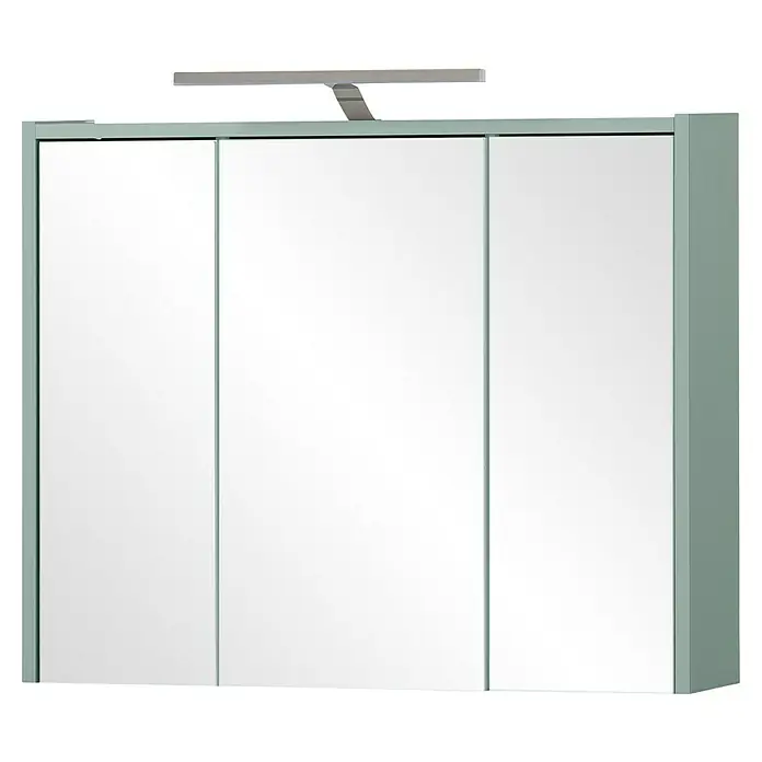 Schildmeyer LED-Spiegelschrank Carlos/Flag - B x H: 74,5 x 64 cm, Holz, Pistazie - Hellgrauer dreitüriger Spiegelschrank mit integrierter LED-Beleuchtung.