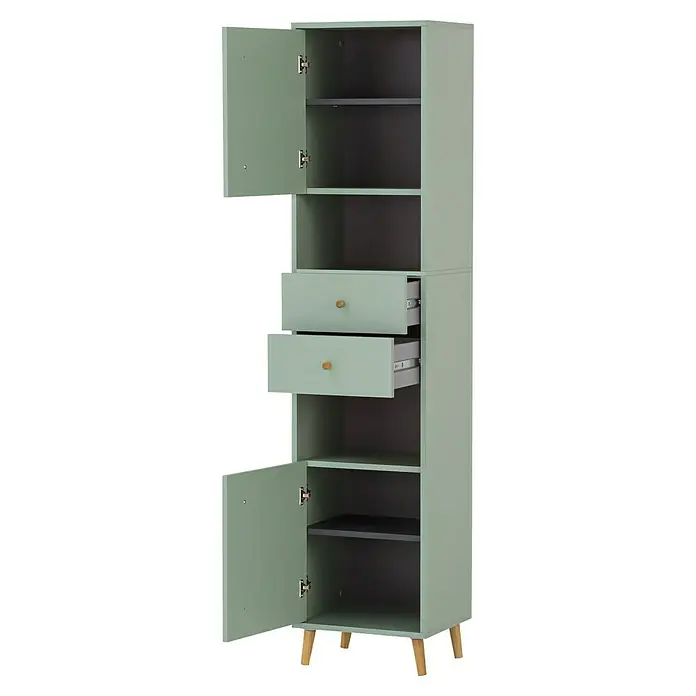 Schildmeyer Bjarne Hochschrank - B x T x H: 40,3 x 33,05 x 180,6 cm, Pistazie, Matt - Salbeigrüner Schrank mit offenen Türen, Regalen, zwei offenen Schubladen mit Holzknöpfen und hellen Holzbeinen. Innen dunkelgrau.