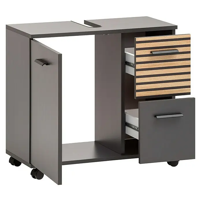 Schildmeyer Katta Waschtischunterschrank - B x T x H: 65,1 x 32 x 60 cm, Anthrazit/Braun, Matt - Grauer mobiler Rollcontainer mit geöffneter Tür, zwei geöffneten Schubladen (eine mit Holzlamellen) und einer oberen Aussparung.