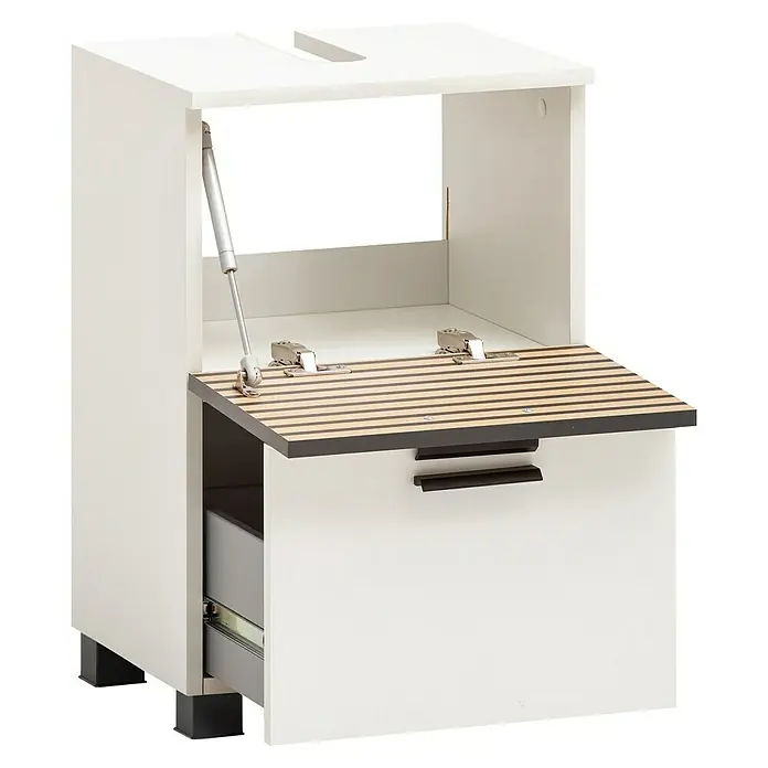 Schildmeyer Katta Waschtischunterschrank - B x T x H: 40,2 x 35 x 60,8 cm, Weiß/Braun, Matt - Weißer Badschrank mit geöffneter Lamellenplatte (Gasdruckfeder) und teils offener Schublade. Dunkle Griffe, schwarze Füße.