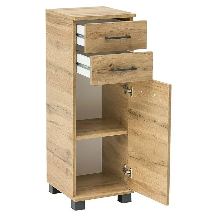 Schildmeyer Nora  Highboard - B x T x H: 30,3 x 32,6 x 88,1 cm, Eiche Landhaus, Matt - Schmaler Hochschrank in hellem Holzdekor mit zwei offenen Schubladen, offenen Fächern und Tür, auf dunklen Füßen.