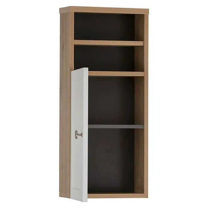 Schildmeyer Jesper Highboard - B x T x H: 30,3 x 25,4 x 70 cm, Artisan Eiche/Weiß, Matt - Hellbrauner offener Schrank mit Eicheneffekt, drei Regalböden und einer teilweise geöffneten weißen Tür mit silbernem Knauf.