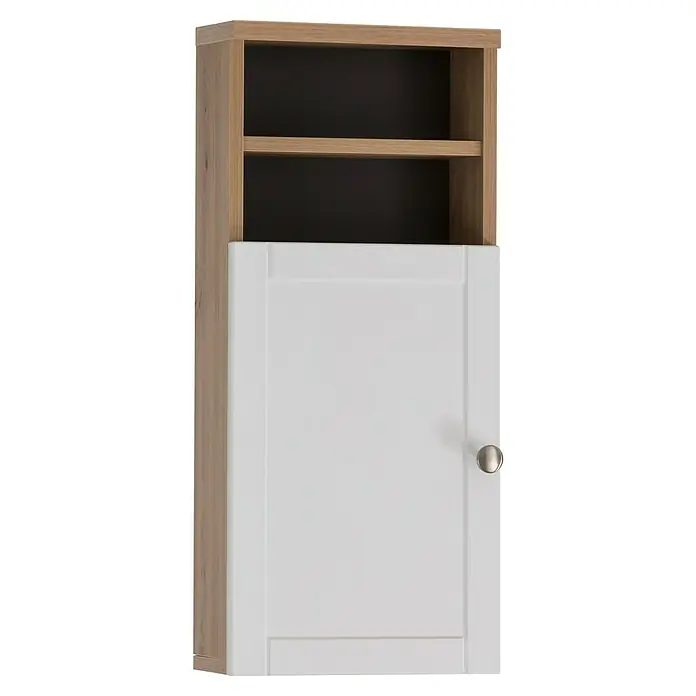 Schildmeyer Jesper Highboard - B x T x H: 30,3 x 25,4 x 70 cm, Artisan Eiche/Weiß, Matt - Wandregal mit hellem Holzrahmen, offenem Fach und weißer Tür mit silbernem Knauf.