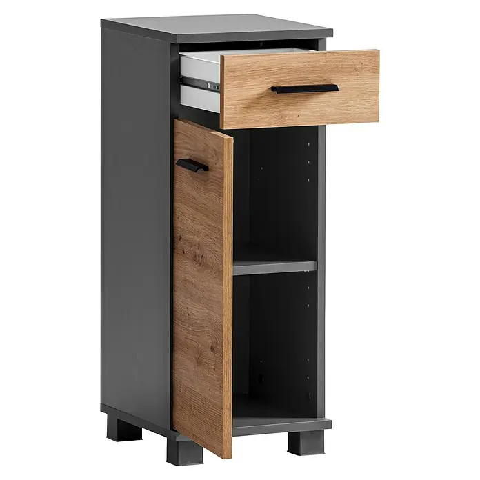 Schildmeyer Palermo Unterschrank - B x T x H: 30,3 x 32,6 x 75,3 cm, Anthrazit/Artisan Eiche, Matt - Dunkelgrauer und heller Holzschrank mit offener Schublade, offener Tür, schwarzen Griffen und Innenfach.