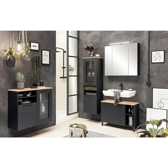 Schildmeyer Malte Hochschrank - B x T x H: 40,3 x 32 x 138,3 cm, Schwarz/Artisan Eiche, Matt - Modernes anthrazitfarbenes Badmöbel-Set mit hellen Holzdetails, weißem Waschbecken und Spiegelschrank.
