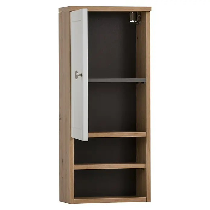 Schildmeyer Jesper Oberschrank - B x T x H: 30,3 x 16 x 70 cm, Artisan Eiche/Weiß, Matt - Helles Wandregal aus Holz mit offener weißer Tür, silbernem Griff und drei Einlegeböden (einer grau, zwei holzfarben) vor dunklem Hintergrund.