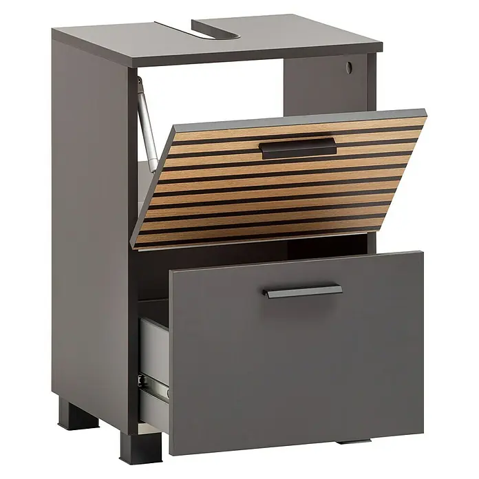 Schildmeyer Katta Waschtischunterschrank - B x T x H: 40,2 x 35 x 60,8 cm, Anthrazit/Braun, Matt - Dunkelgrauer Badezimmerschrank mit offener Holzlamellen-Oberschublade und Unterschublade, mit oberem Ausschnitt.