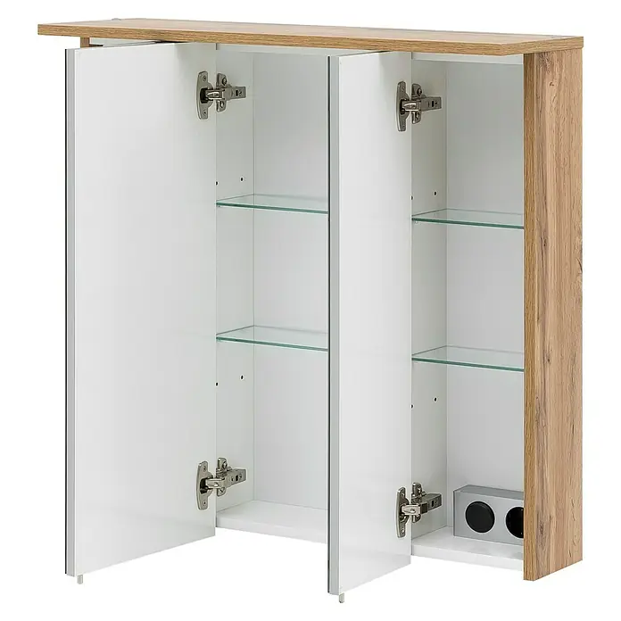 Schildmeyer LED-Spiegelschrank Profil/Nora - B x H: 80,5 x 72,3 cm, Holz, Eiche Landhaus - Offener Badezimmerspiegelschrank mit heller Holzplatte und Seitenwand, weißem Innenraum, Glasböden und integrierter Steckdose.