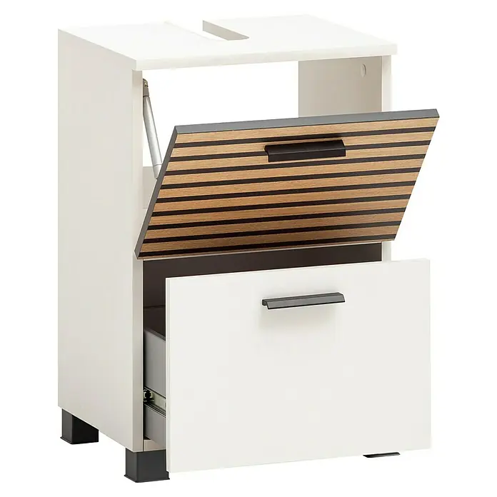 Schildmeyer Katta Waschtischunterschrank - B x T x H: 40,2 x 35 x 60,8 cm, Weiß/Braun, Matt - Weißer Badunterschrank mit offenem Holzlamellen-Oberfach und geöffneter weißer Schublade.