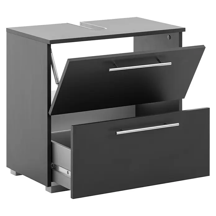 Schildmeyer Carlos Waschtischunterschrank - B x T x H: 60,2 x 35 x 59,1 cm, Anthrazit, Matt - Dunkelgrauer Waschtischunterschrank mit zwei Schubladen, die obere offen und die untere teilweise geöffnet, mit silbernen Griffen und Innenausstattung.