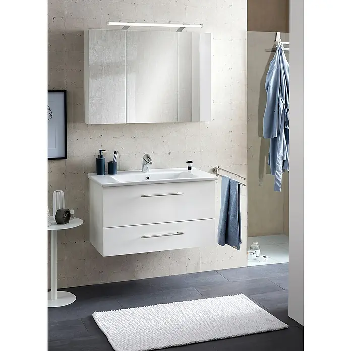 Schildmeyer Dorina LED-Spiegelschrank - B x H: 90 x 75 cm, Holz, Weiß Glänzend - Moderner weißer Badunterschrank mit integriertem Waschbecken, Spiegelschrank und Beleuchtung.
