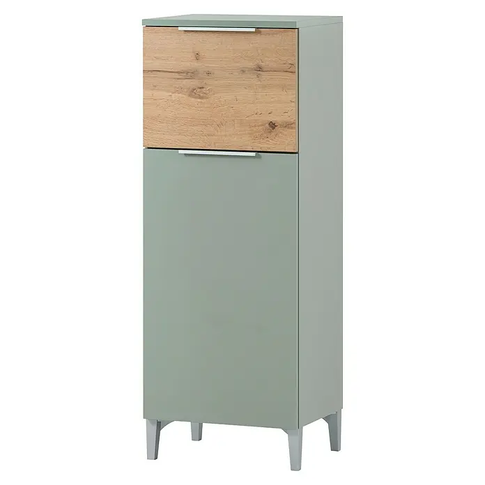 Schildmeyer Smilla Highboard - B x T x H: 40,3 x 31,9 x 109,6 cm, Pistazie/Eiche Landhaus, Matt - Hoher Schrank in Salbeigrün und Holzoptik mit silbernen Griffen und Beinen.