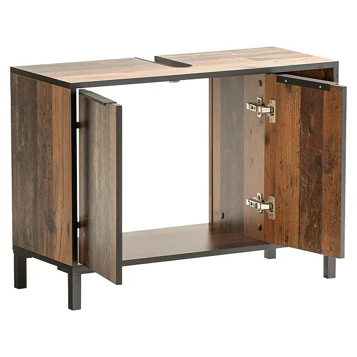 Schildmeyer Waschtischunterschrank Jaap - B x T x H: 79,8 x 33 x 49,3 cm, Old Style Dark, Matt - Schrank aus Altholzoptik und schwarzem Metall mit zwei offenen Türen, Innenablage und oberer Aussparung.