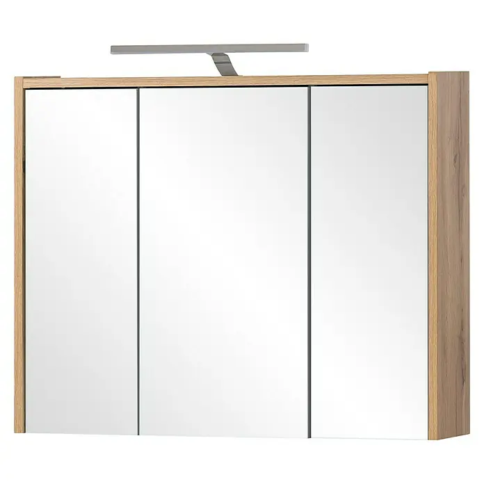 Schildmeyer LED-Spiegelschrank Carlos/Flag - B x H: 74,5 x 64 cm, Holz, Eiche Landhaus - Dreitüriger Badezimmer-Spiegelschrank mit hellem Holzrahmen und integrierter LED-Lichtleiste.