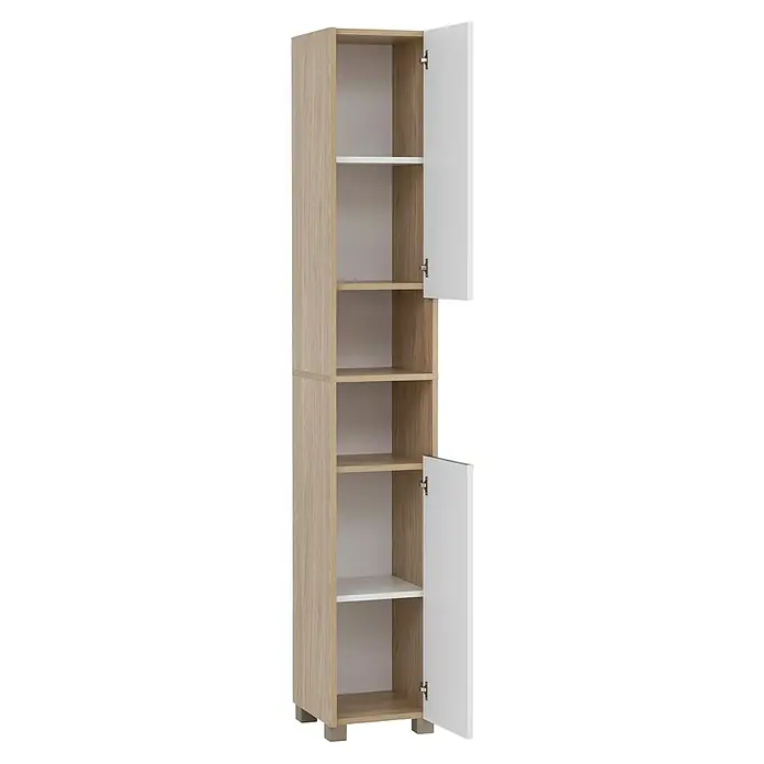 Schildmeyer Juba  Hochschrank - B x T x H: 30,3 x 33,1 x 186,5 cm, Eiche hell/Kreideweiß, Matt - Helles Holzregal mit weißen Böden und zwei weißen Türen für offenen und geschlossenen Stauraum.
