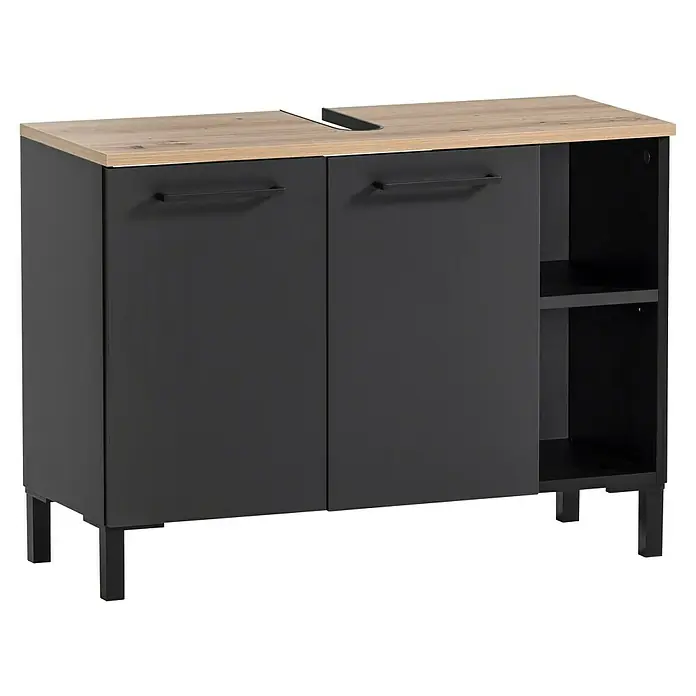 Schildmeyer Malte Waschtischunterschrank - B x T x H: 79,8 x 32 x 58,3 cm, Schwarz/Artisan Eiche, Matt - Dunkelgrauer Waschtischunterschrank mit heller Holzoptik-Platte, zwei Türen, schwarzen Griffen, offenen Fächern und Beinen. Mit Sinkausschnitt.