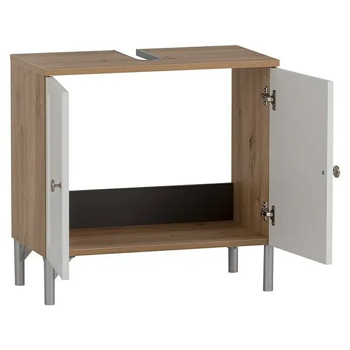 Schildmeyer Jesper Waschtischunterschrank - B x T x H: 60,2 x 32 x 58,5 cm, Artisan Eiche/Weiß, Matt - Zweitüriger Badunterschrank in heller Holzoptik mit weißen Türen, silbernen Beinen und Griffen, vorbereitet für ein Waschbecken.