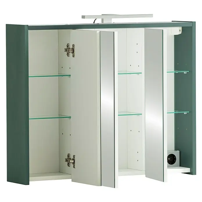 Schildmeyer Lovis LED-Spiegelschrank - B x H: 74,5 x 62,7 cm, Holz, Waldgrün - Grau-weißer Badspiegelschrank mit geöffneten Spiegeltüren, Glasablagen, integrierter Beleuchtung und Steckdose.