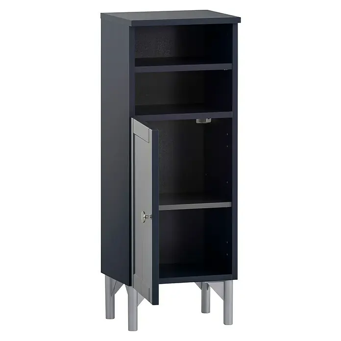 Schildmeyer Jesper Highboard - B x T x H: 30,3 x 25,4 x 70 cm, Nachtblau, Matt - Dunkelblauer Hochschrank mit teilweise geöffneter hellgrauer Tür, Innenablagen und silbernen Beinen.