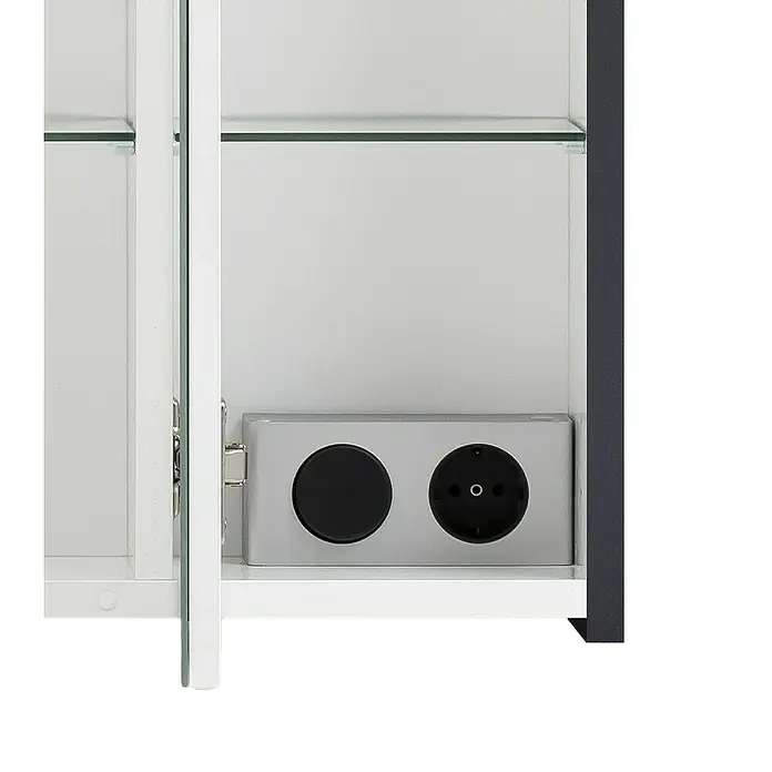 Schildmeyer Lovis LED-Spiegelschrank - B x H: 74,5 x 62,7 cm, Holz, Nachtblau - Weißes Schrankinneres mit Glasböden und integrierter grauer Steckdosenleiste mit zwei Anschlüssen.
