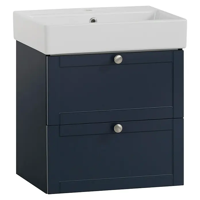 Schildmeyer Jesper Badmöbel-Set - 50 cm, Nachtblau, Matt - Dunkelblauer Badezimmerschrank mit zwei Schubladen und weißem Keramikwaschbecken.