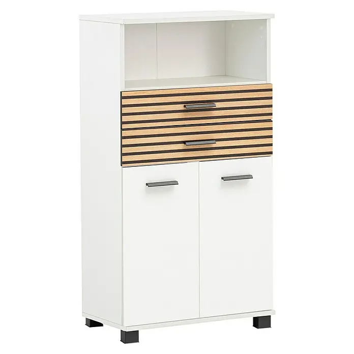 Schildmeyer Katta Highboard - B x T x H: 59,8 x 32,6 x 110,5 cm, Weiß/Braun, Matt - Weißer Hochschrank mit zwei Holzschubladen, zwei Türen und offenem Fach oben. Dunkle Griffe und Füße.