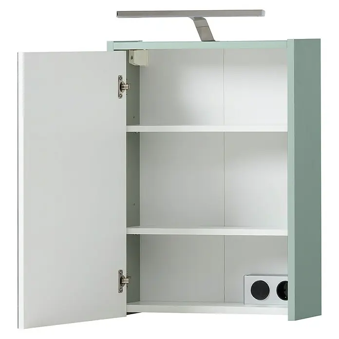 Schildmeyer LED-Spiegelschrank Carlos/Flag - B x H: 43,5 x 64 cm, Holz, Pistazie - Offener weißer Badezimmerschrank mit Einlegeböden, integrierter Silberlampe und Steckdose.