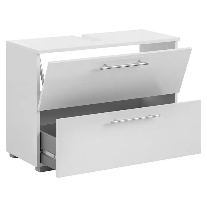 Schildmeyer Carlos Waschtischunterschrank - B x T x H: 80,2 x 35 x 59,1 cm, Perlweiß, Matt - Weißer zweischübiger Schrank mit silbernen Griffen; obere Schublade gekippt, untere komplett geöffnet mit grauem Innenraum.