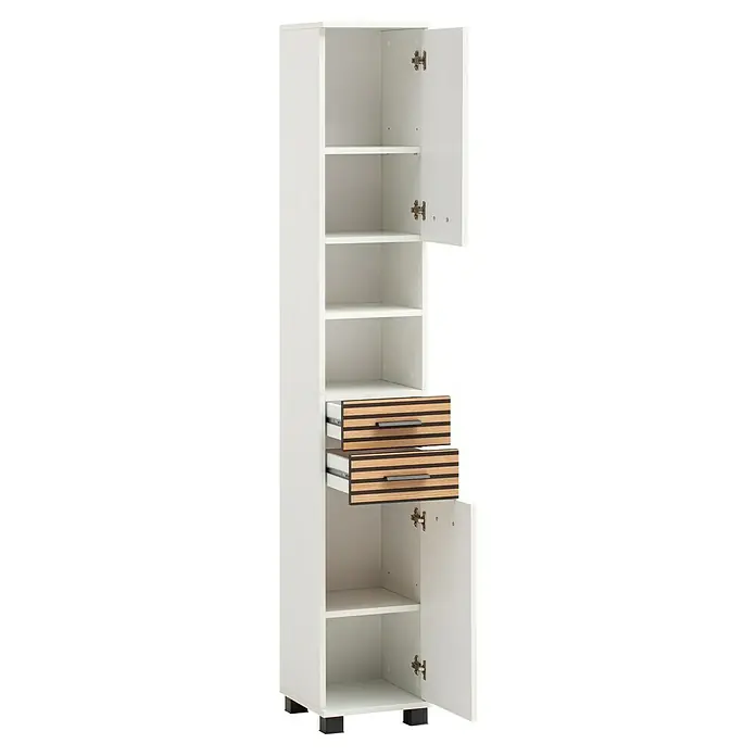 Schildmeyer Katta Hochschrank - B x T x H: 30,3 x 32,6 x 180,9 cm, Weiß/Braun, Matt - Hoher weißer Hochschrank mit offenen Regalen, zwei hellen Holzschubladen mit Streifen und zwei Türen auf schwarzen Füßen.