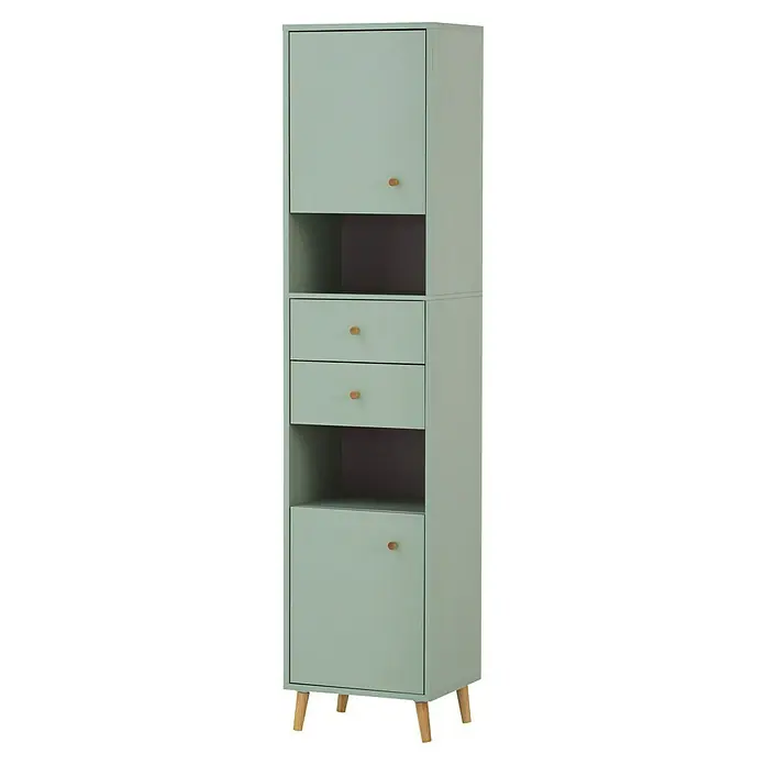 Schildmeyer Bjarne Hochschrank - B x T x H: 40,3 x 33,05 x 180,6 cm, Pistazie, Matt - Mintgrünes Regal mit Türen, zwei Schubladen, offenen Fächern, Holzgriffen und konischen Beinen.