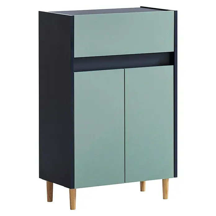 Schildmeyer Lovis Highboard - B x T x H: 56,9 x 33 x 90,3 cm, Nachtblau/Taubenblau, Matt - Dunkelgraue Kommode mit hellgrüner Klappe und zwei Türen, auf Holzbeinen.