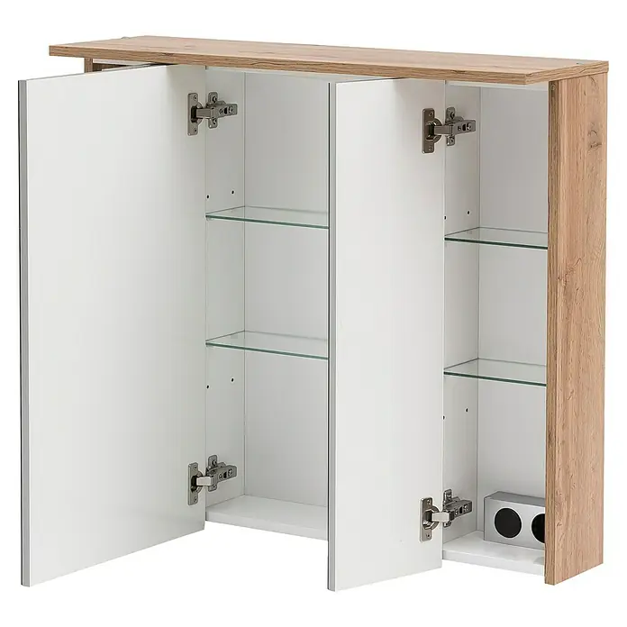 Schildmeyer LED-Spiegelschrank Profil/Nora - B x H: 80,5 x 72,3 cm, Holz, Eiche Landhaus - Wandhängender Badschrank mit heller Holzplatte und -seiten, weißem Innenraum, vier Glasböden und zwei offenen Türen.